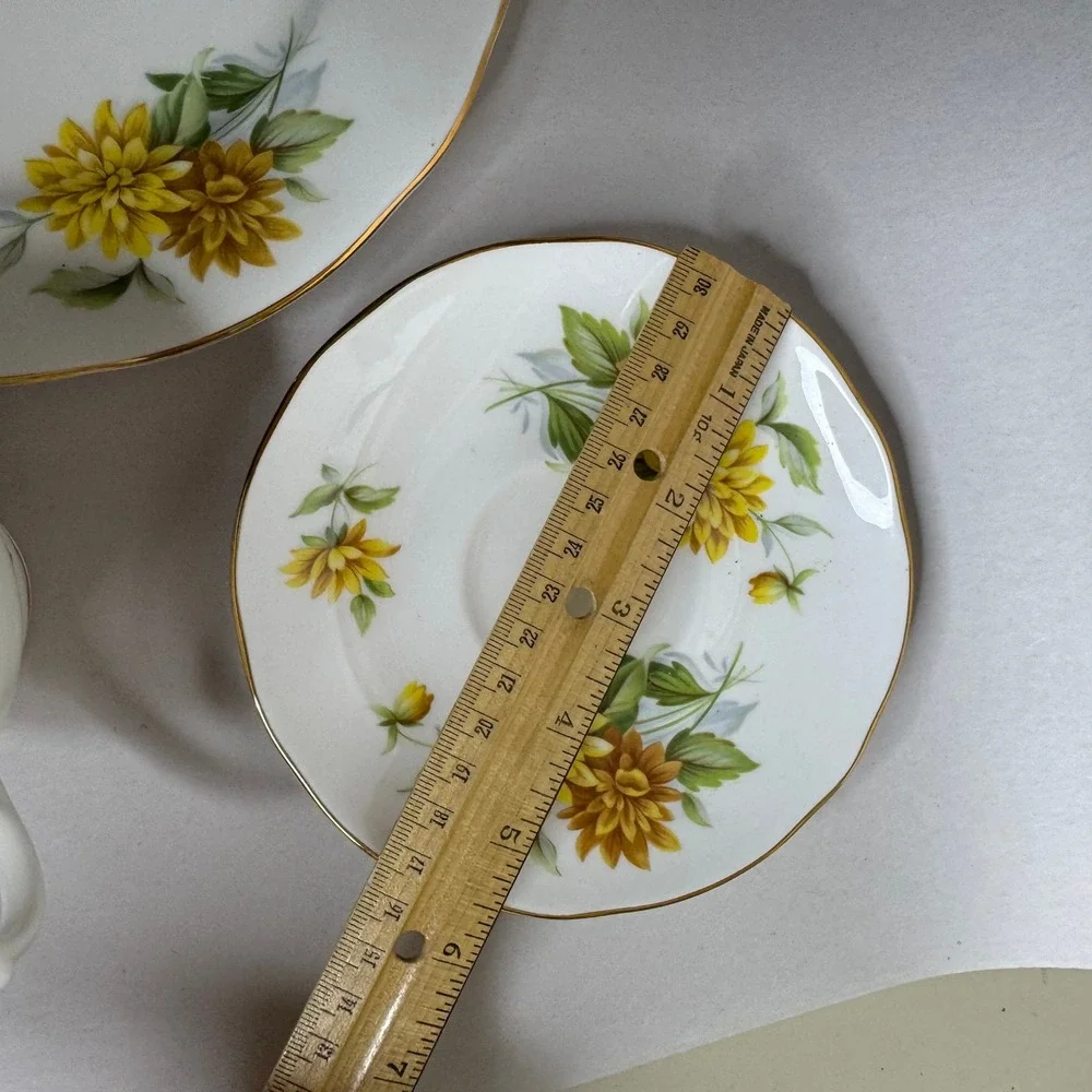 Duchess Bone China England Tea Cup Saucer and Plate Trio Yellow Floral Gold Trim